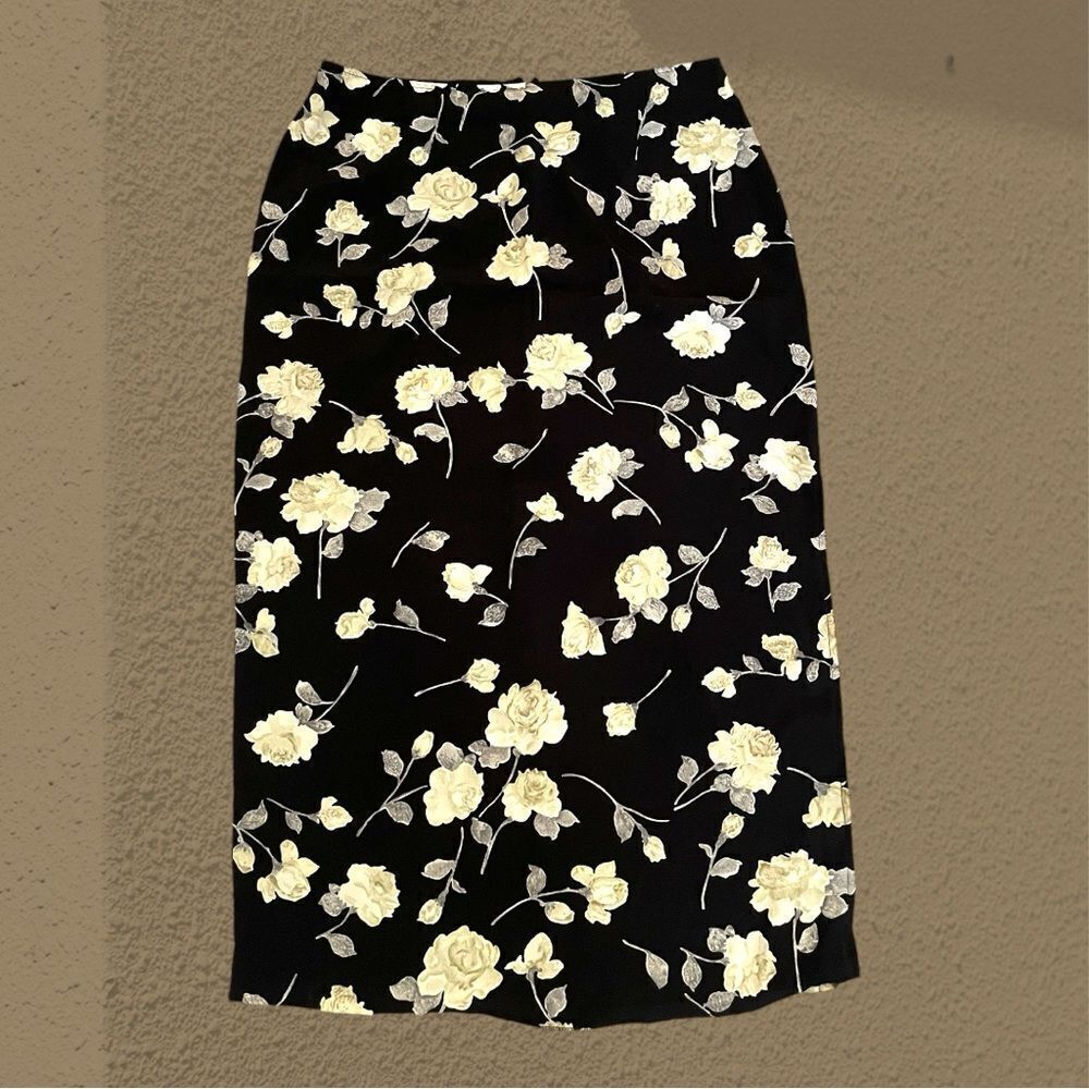 90s vintage black floral maxi skirt side slit